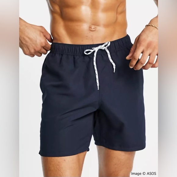 2 Pack Mid Length Swim Trunks Shorts Solid Colors 1 Navy and 1 Red Waist 40-42 - Picture 5 of 7